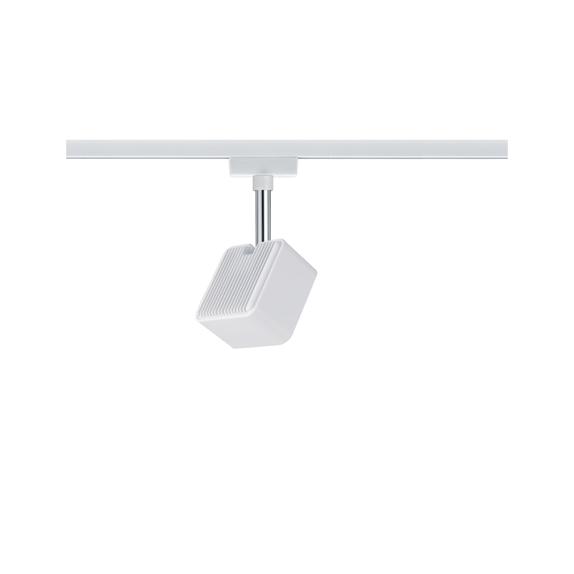 Weißer quadratischer LED-Strahler aus Kunststoff an weißer Schiene für moderne Raumbeleuchtung