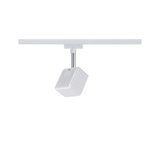 White plastic LED spotlight on metal rod mounted on white track for modern interior lighting