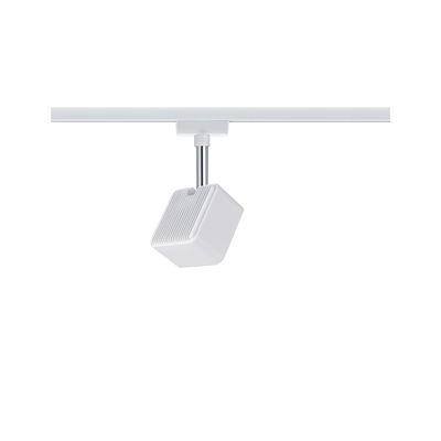 White plastic LED spotlight on metal rod mounted on white track for modern interior lighting