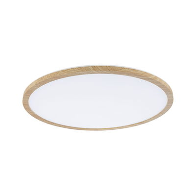Ronde plafondlamp met houten frame en witte diffuser voor moderne woonverlichting