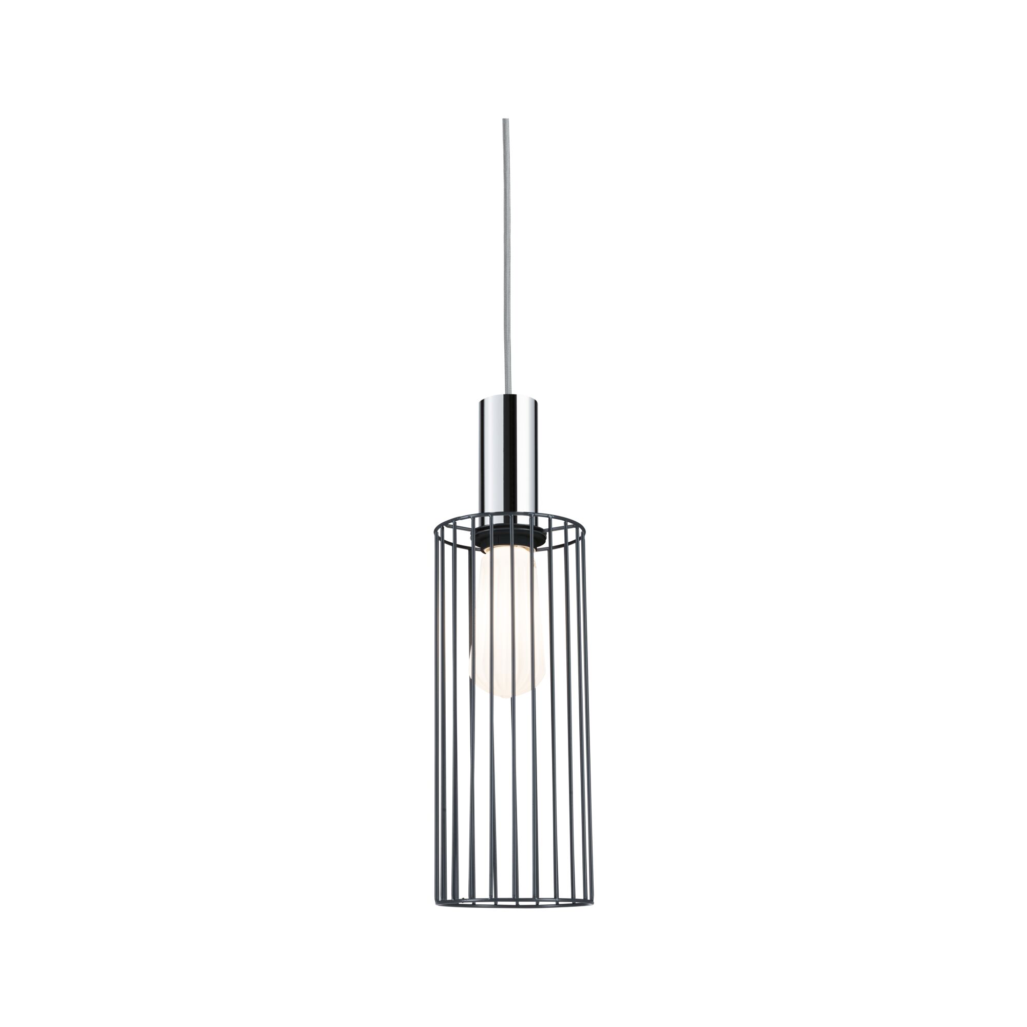 Modern pendant light with black metal cage and chrome cylinder for stylish room lighting