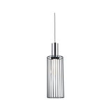 Modern pendant light with black metal cage and chrome cylinder for stylish room lighting