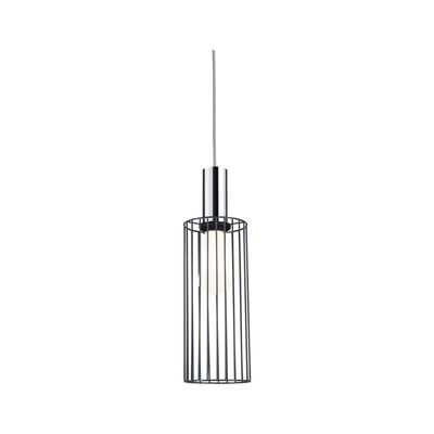 Modern pendant light with black metal cage and chrome cylinder for stylish room lighting