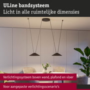 Modern ULine bandsysteem met zwarte hanglampen boven lichte eettafel in kamer