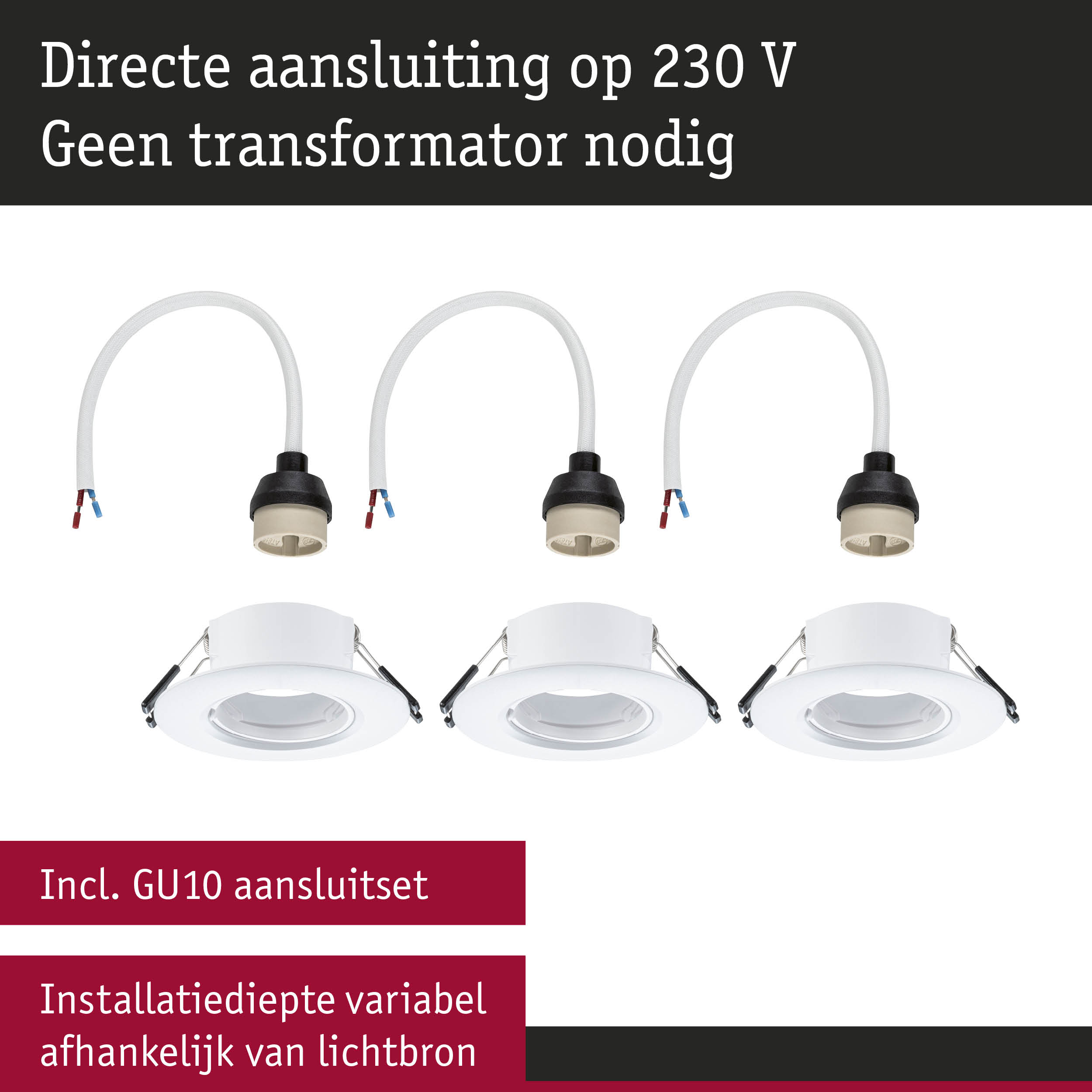 Drie witte inbouwspots met GU10 fitting en kabel voor directe 230 V aansluiting zonder transformator