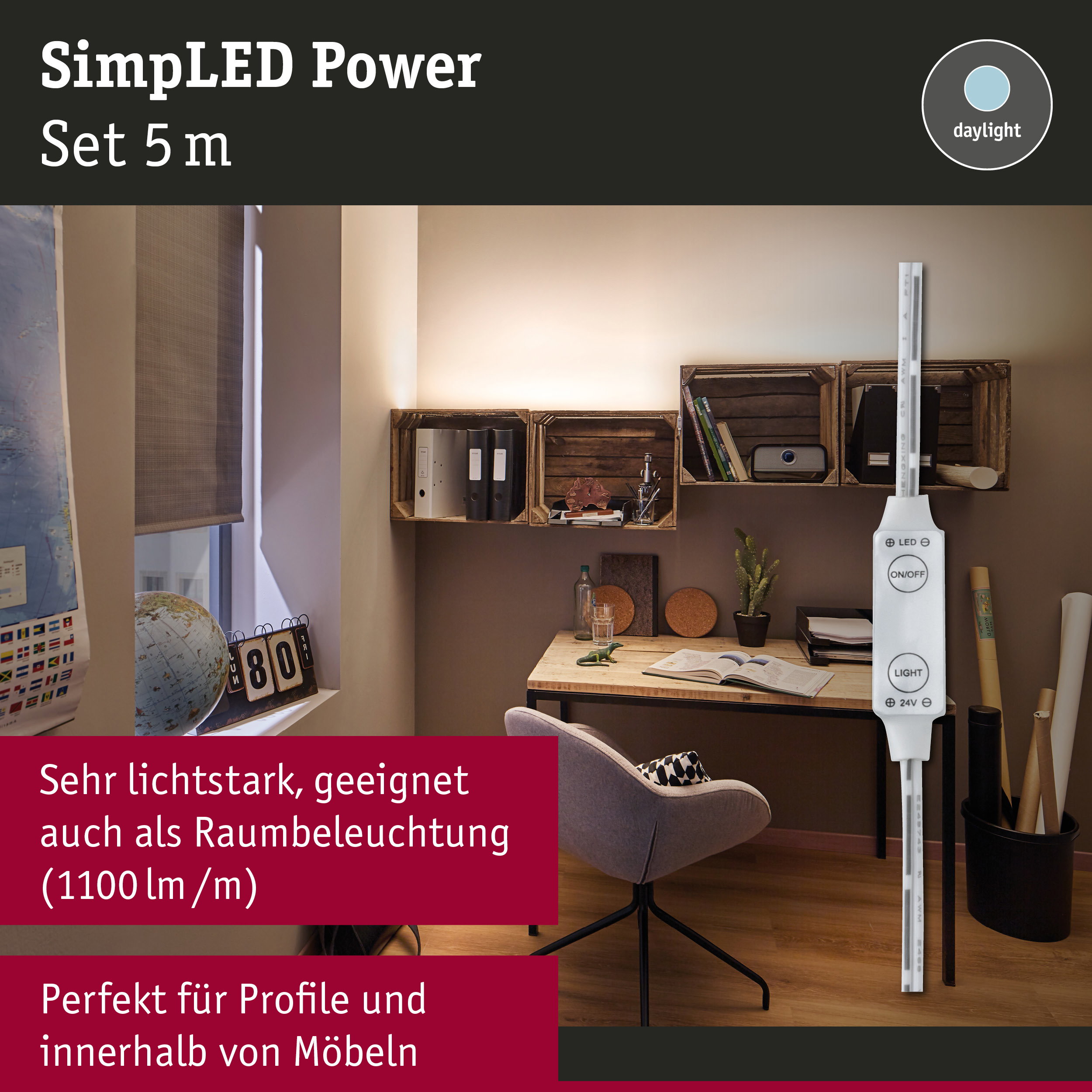 LED-Lichtleiste SimplLED Power Set 5 m mit Tageslichtfarbe, ideal für Möbel- und Raumbeleuchtung
