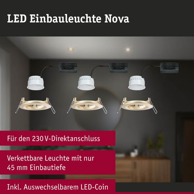 LED Einbauleuchte Nova in Gold mit 45 mm Einbautiefe und austauschbarem LED-Coin für 230V Anschluss