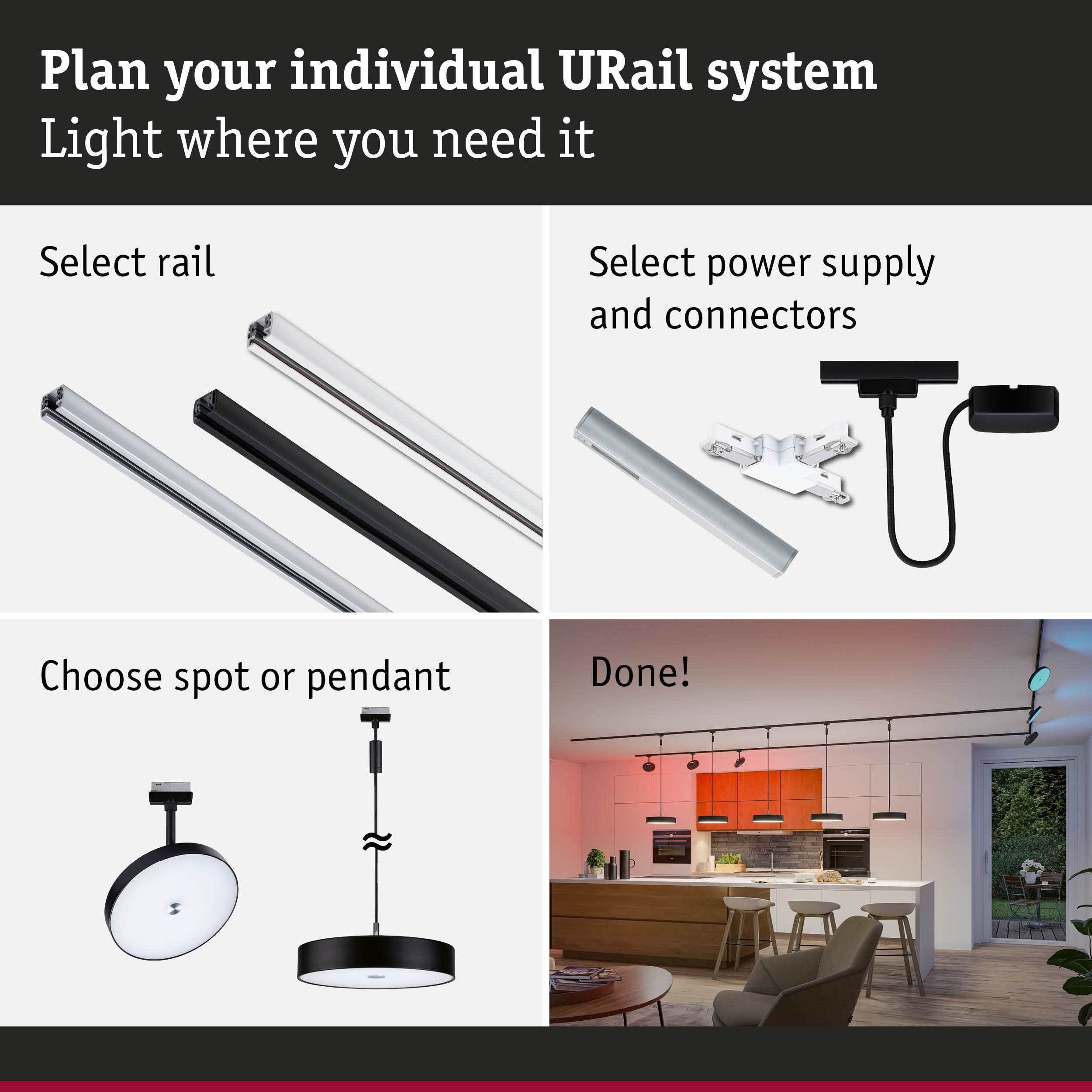 Modular URail track system with selectable rails, power supply, and lights for custom lighting solutions