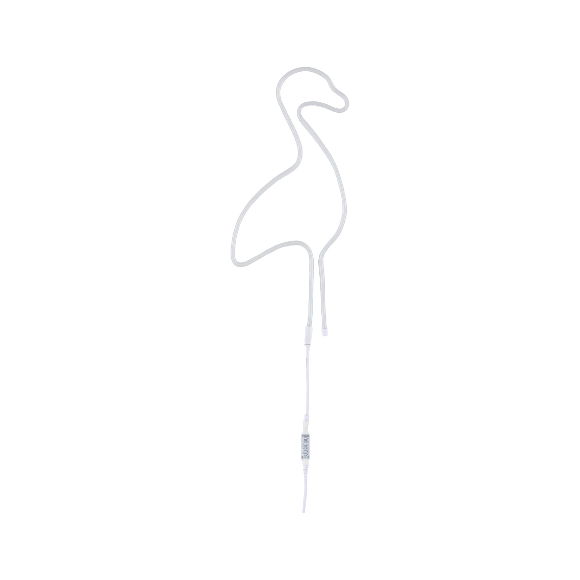 White LED neon light shaped like a flamingo made of plastic with control cable for decorative lighting