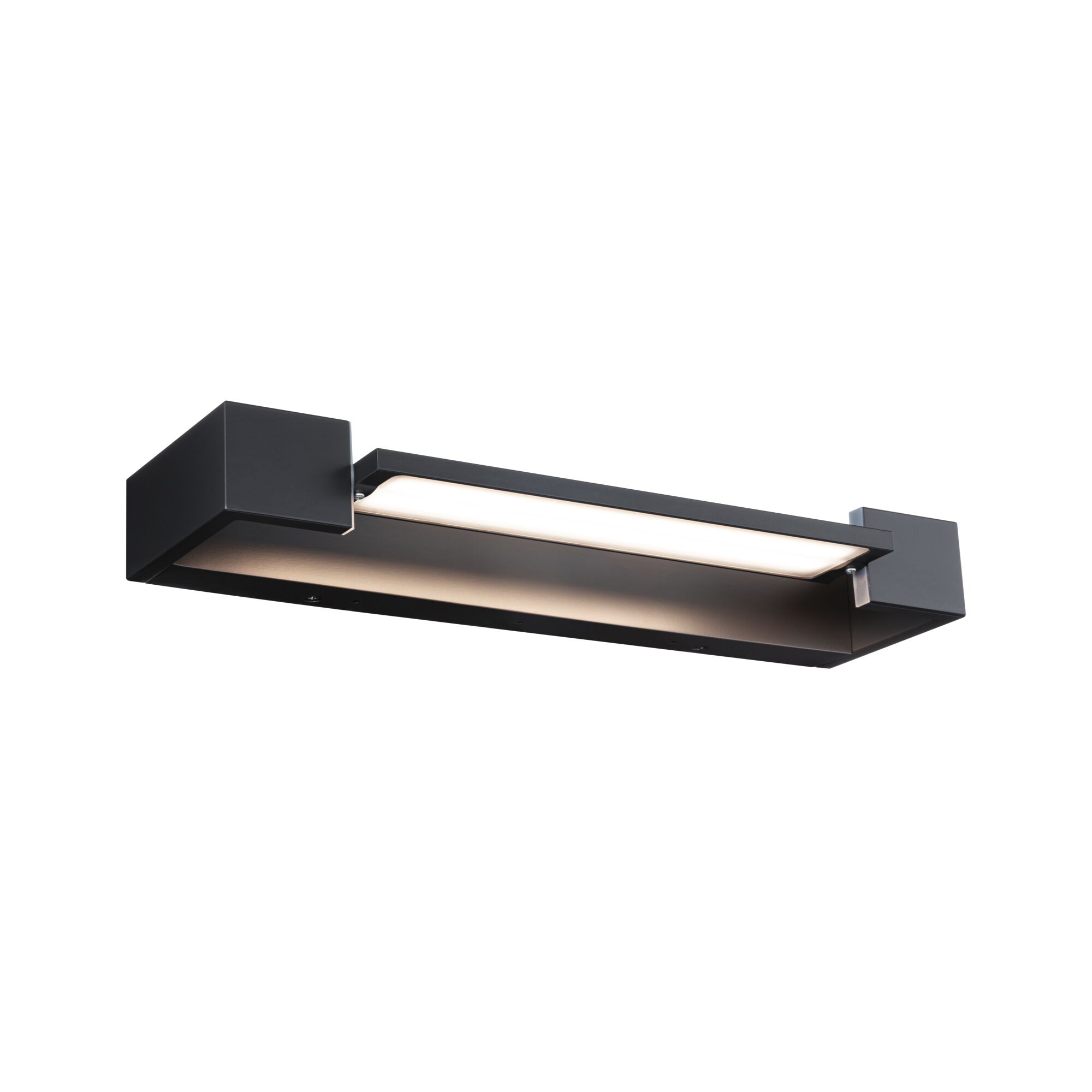 Black metal LED wall light with rectangular design and diffused cover for modern indoor lighting solutions
