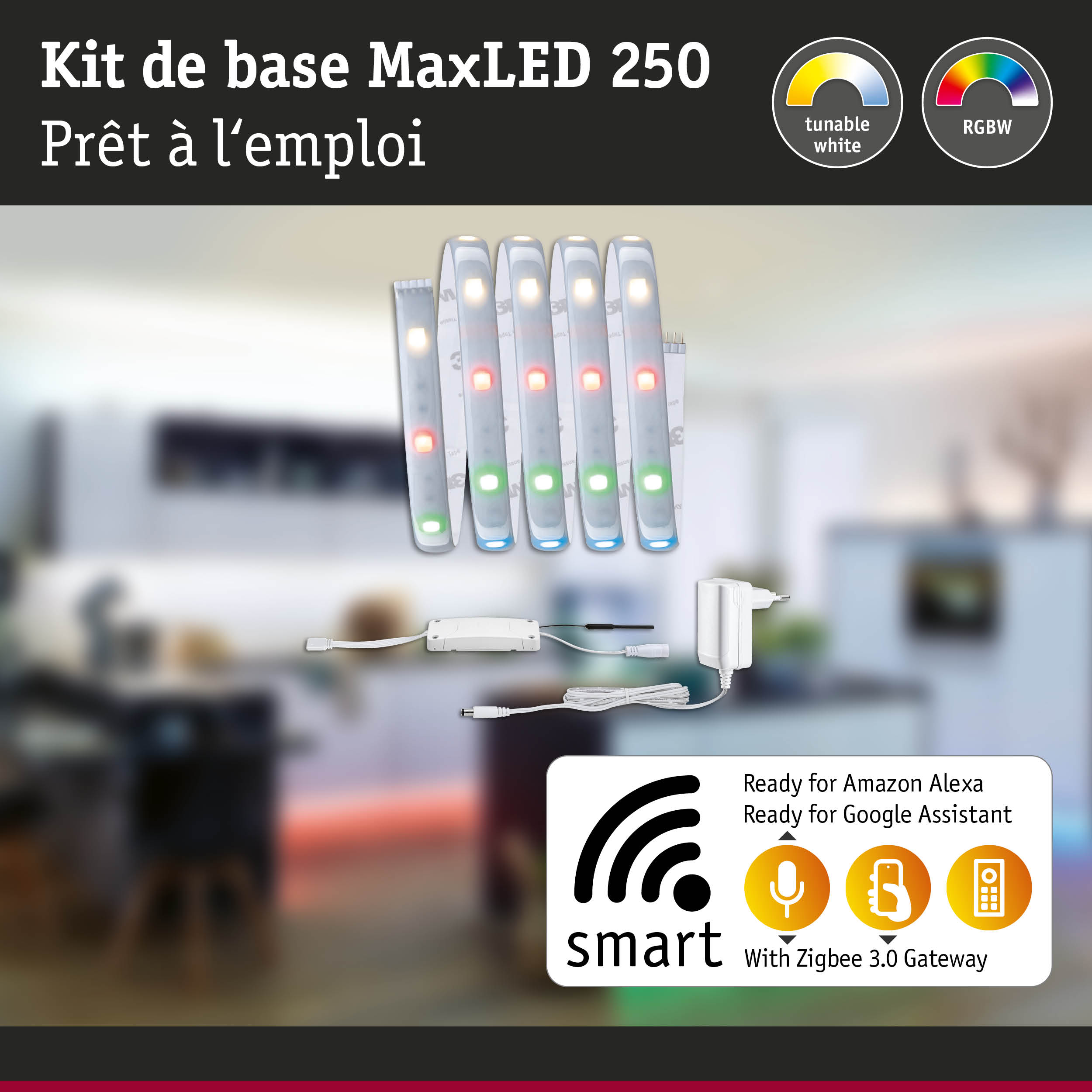 Kit de base MaxLED 250 avec bandes LED RGBW blanches et passerelle Zigbee 3.0 pour éclairage intelligent