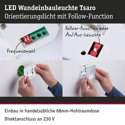 LED Wandeinbauleuchte Tsaro in Weiß mit Follow-Funktion, Montage in 68mm Hohlraumdose, 230V Anschluss