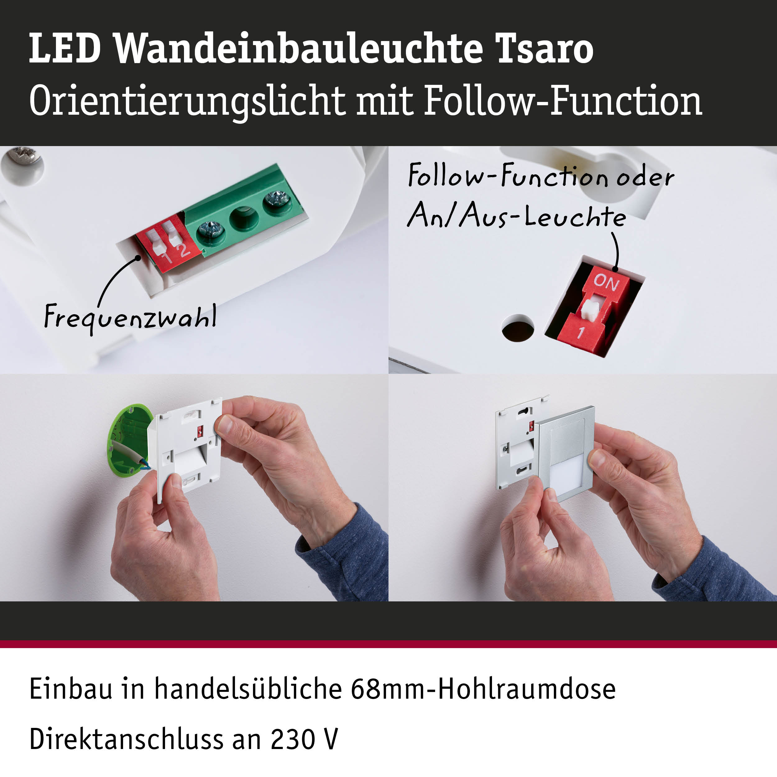 LED Wandeinbauleuchte Tsaro in Weiß mit Follow-Funktion und Frequenzwahl für Wandmontage