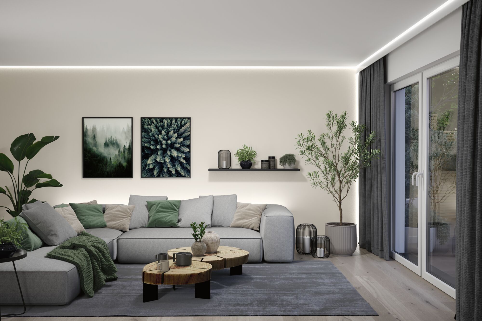 Moderne stue med grå stofsofa, grønne puder, træ-sofabord og indirekte LED-belysning