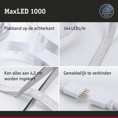 MaxLED 1000 LED-strip met beschermkap, 144 LEDs/m, zelfklevend en eenvoudig te verbinden