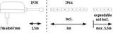 Technical drawing showing dimensions and IP20, IP44 ratings for LED light strip with 1.5 m cable.