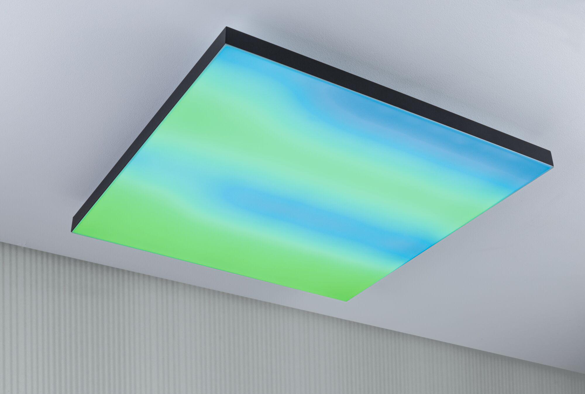 Square LED ceiling light with black frame and blue-green gradient for modern ambient lighting