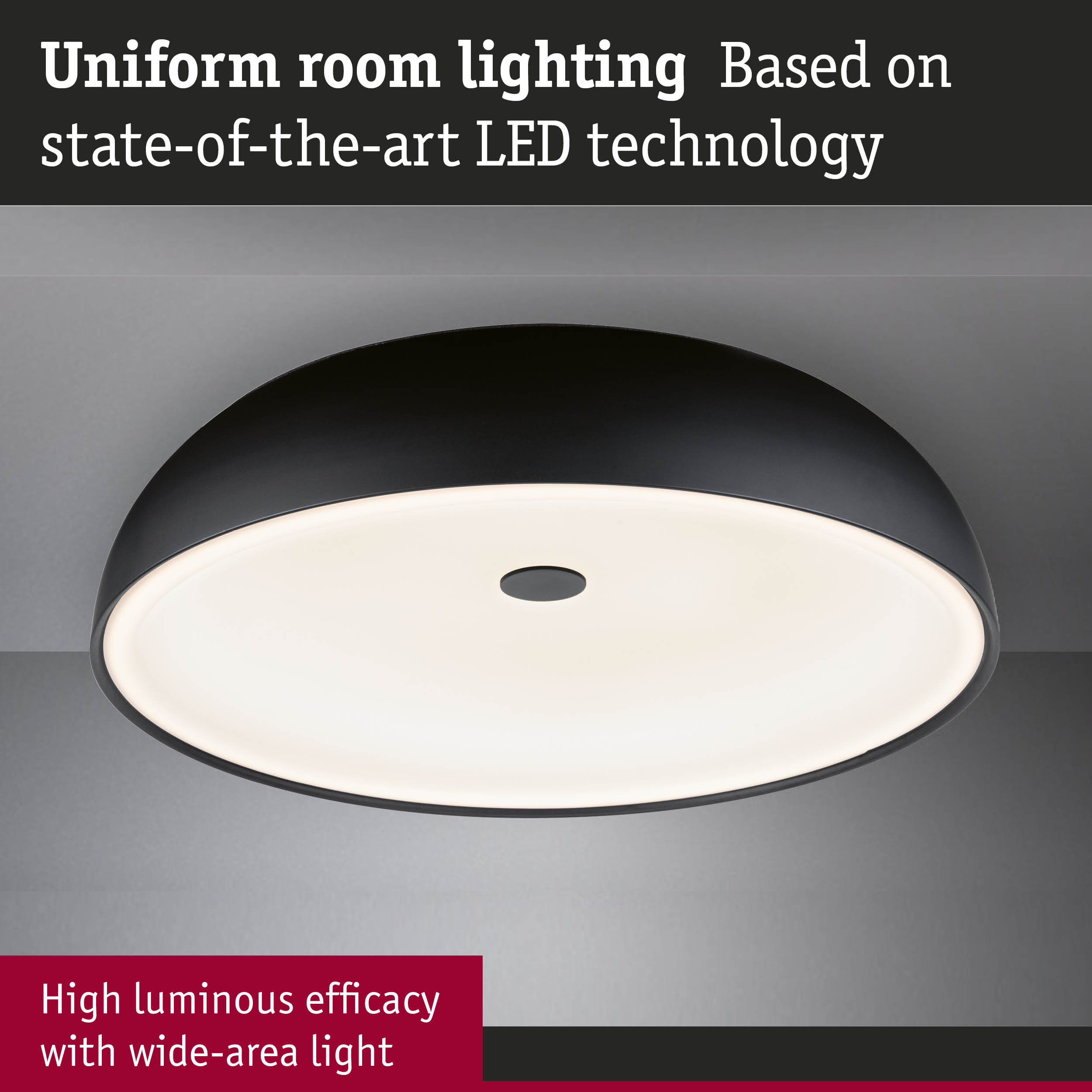 Black LED ceiling light with wide-area illumination for uniform room lighting