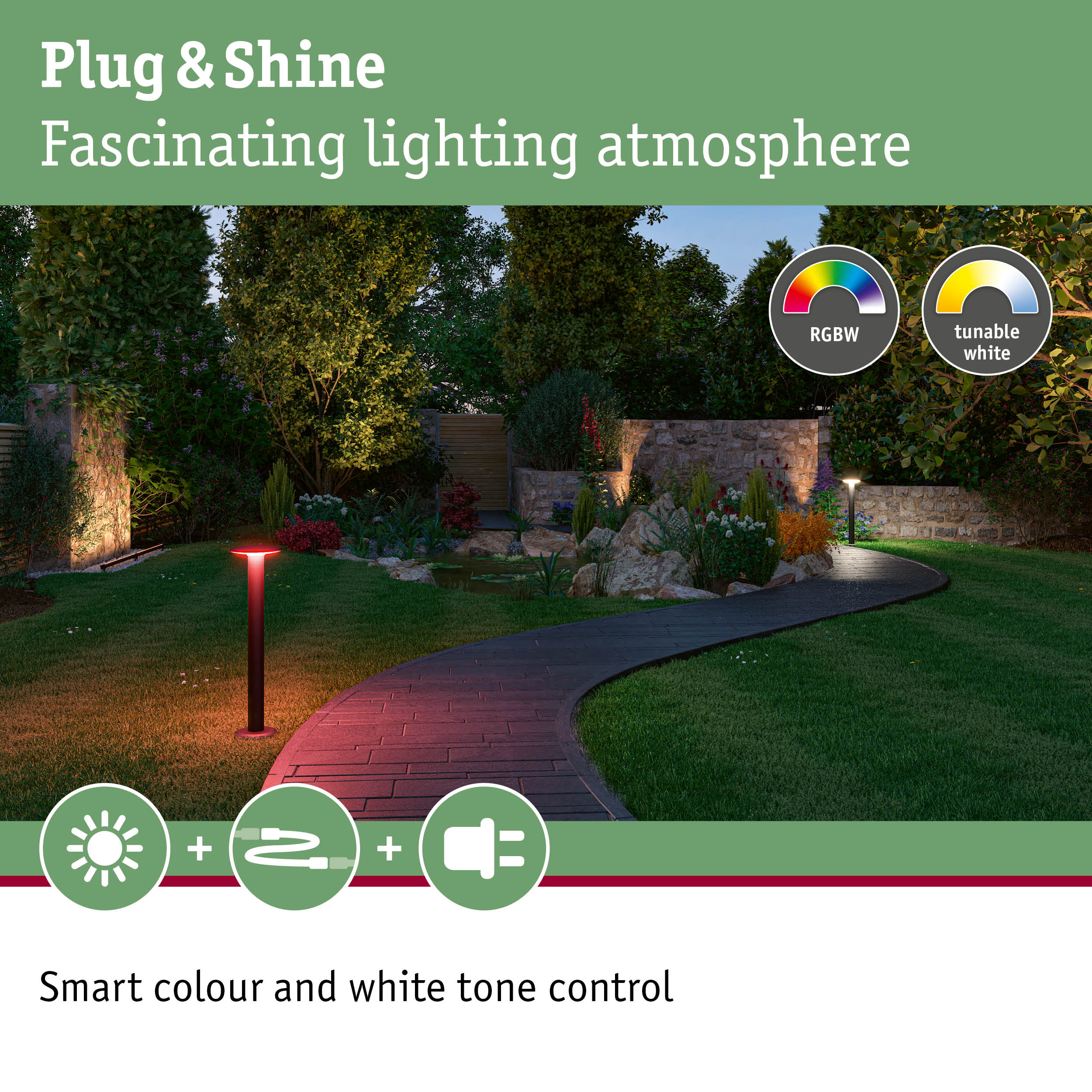 Garden path with Plug & Shine RGBW outdoor lighting and tunable white for atmospheric smart colour control