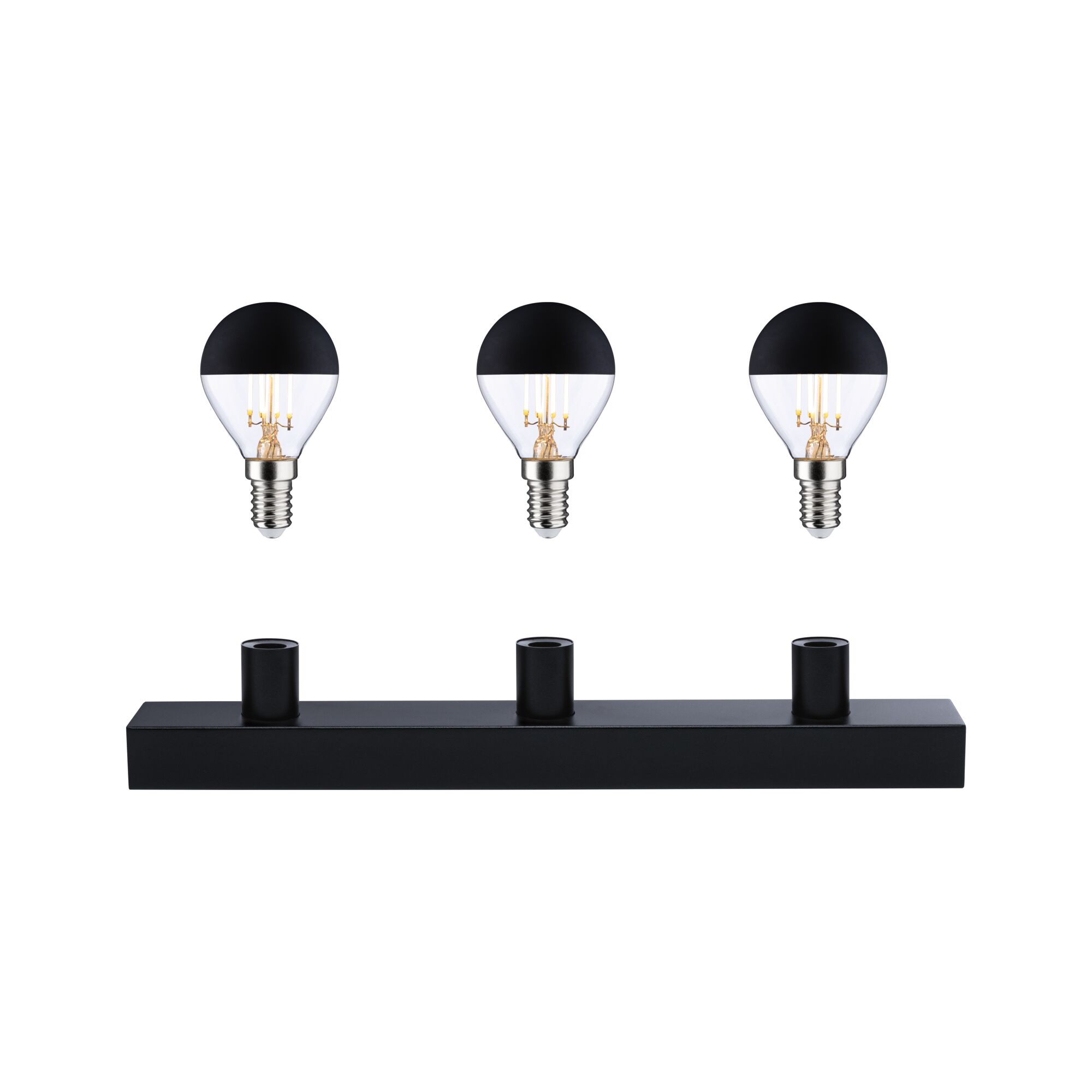 Tre sorte LED-pærer med mat top og sort holder til moderne belysning