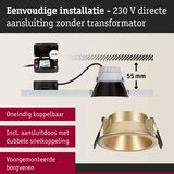 Gouden metalen inbouwspot met 55 mm inbouwdiepte en eenvoudige 230 V directe aansluiting zonder transformator