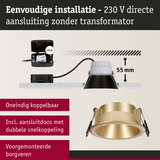 Gouden metalen inbouwspot met 55 mm inbouwdiepte en eenvoudige 230 V directe aansluiting zonder transformator