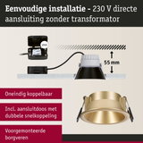 Gouden metalen inbouwspot met 55 mm inbouwdiepte en eenvoudige 230 V directe aansluiting zonder transformator