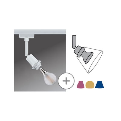 White LED spotlight with E14 socket and three colored lampshades in pink, yellow, and blue for track lighting.