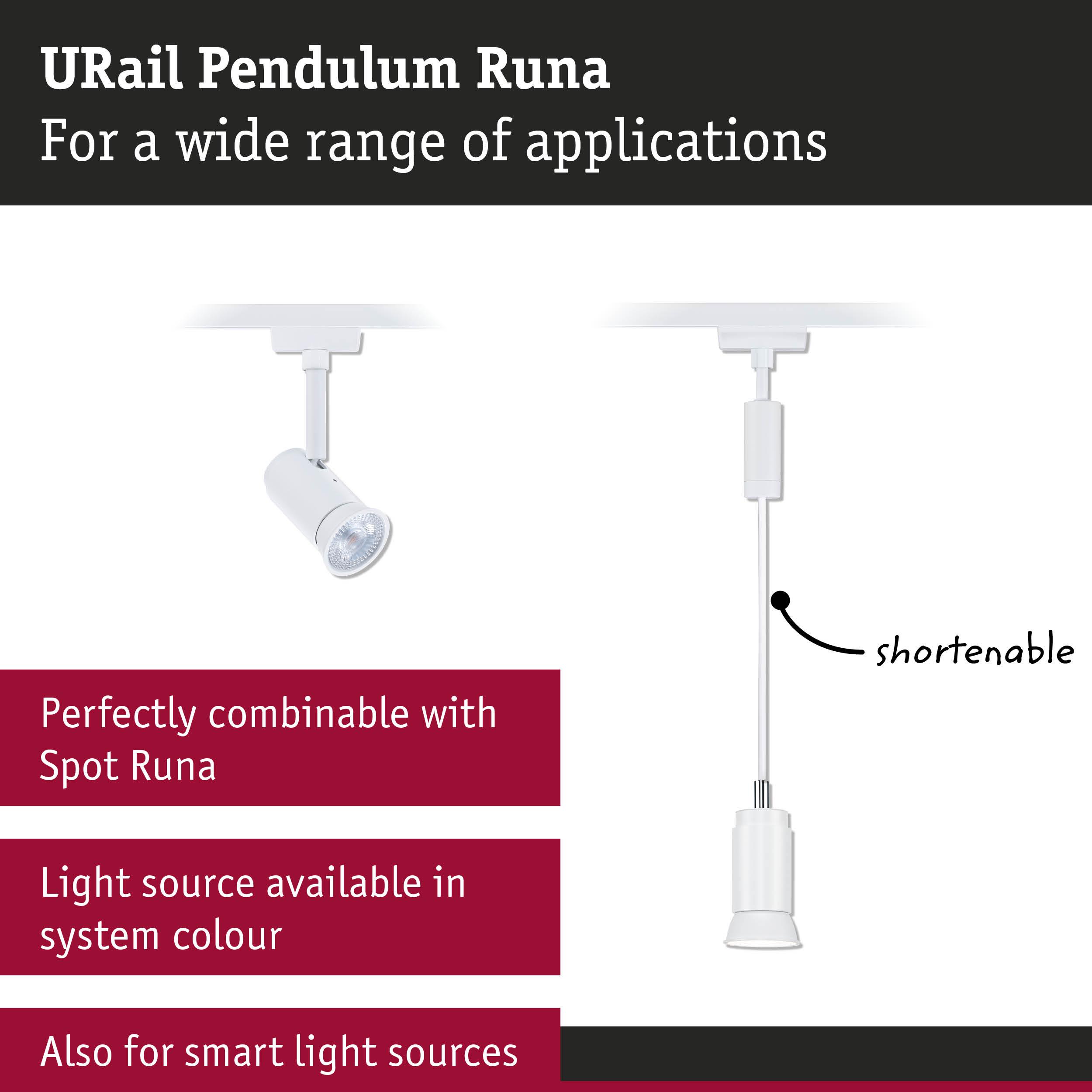 White URail Pendulum Runa pendant light with shorten cable for versatile lighting applications