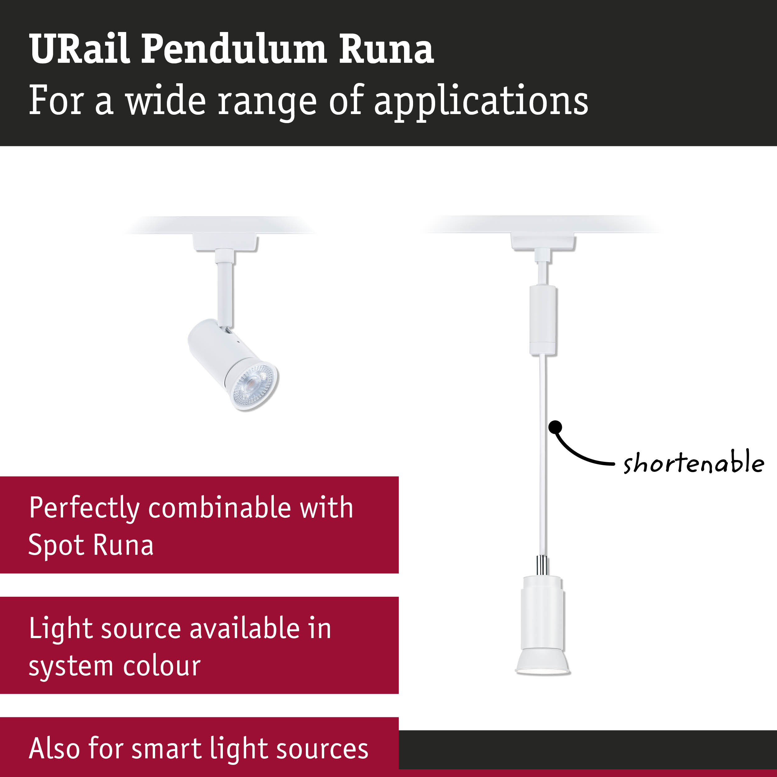 White URail Pendulum Runa spotlight with shorten cable for versatile lighting applications