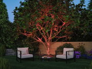 Garten mit Baum, der mit roten LED-Lichterketten beleuchtet ist, umgeben von Sitzmöbeln und Pflanzen
