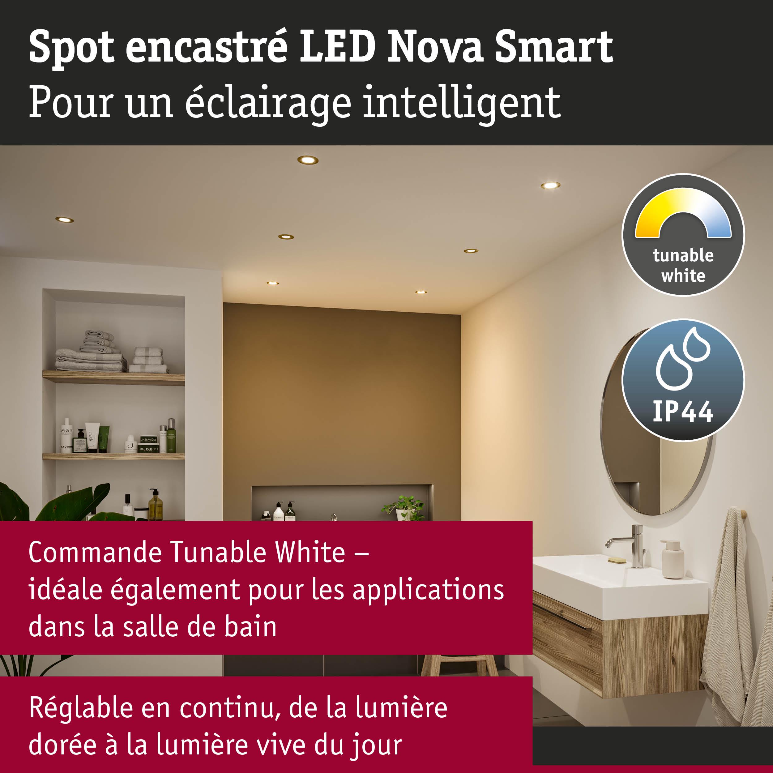 Spot encastré LED Nova Smart avec lumière blanche réglable, idéal pour éclairage salle de bain IP44