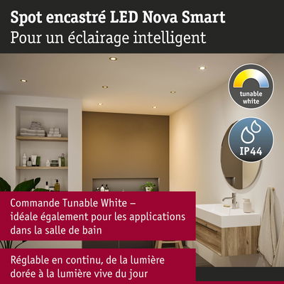 Spot encastré LED Nova Smart avec lumière blanche réglable, idéal pour éclairage salle de bain IP44