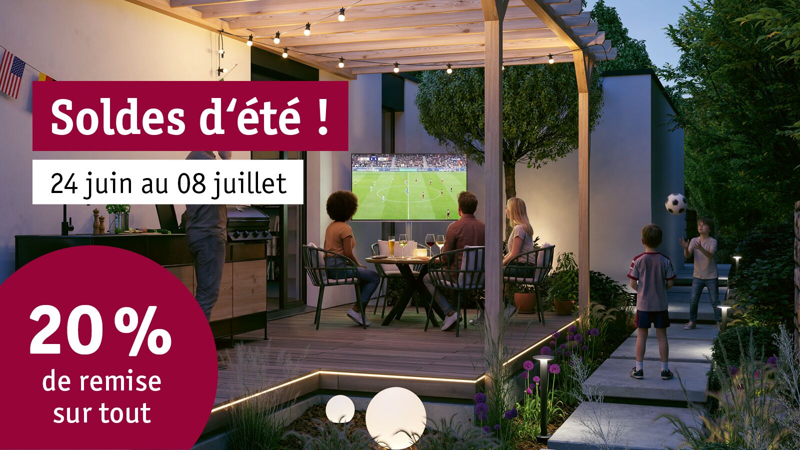 Terrasse éclairée par LED moderne avec TV extérieure pour soirées d'été conviviales.