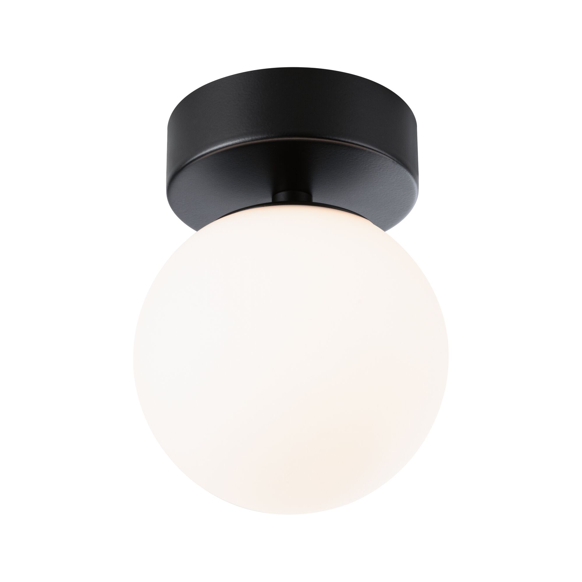 Round ceiling light with black metal base and white glass, modern indoor lighting fixture