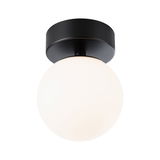 Round ceiling light with black metal base and white glass, modern indoor lighting fixture