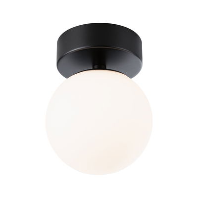 Round ceiling light with black metal base and white glass, modern indoor lighting fixture