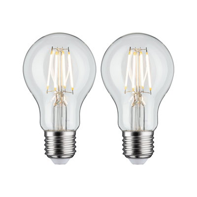 Zwei klare LED-Glühbirnen mit sichtbaren Filamenten und E27-Fassung für energiesparende Beleuchtung