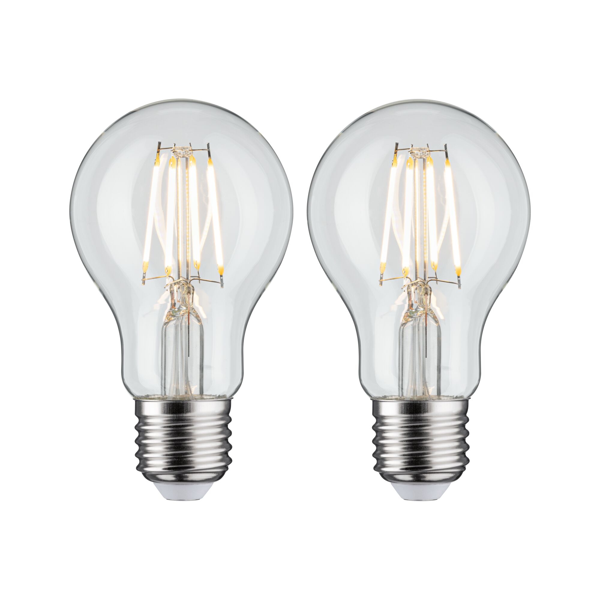 Zwei klare LED-Glühbirnen mit sichtbaren Filamenten und E27-Fassung für energiesparende Beleuchtung