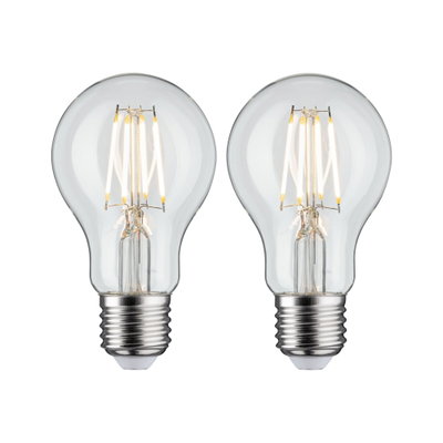 Zwei klare LED-Glühbirnen mit sichtbaren Filamenten und E27-Fassung für energiesparende Beleuchtung