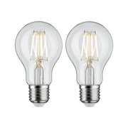 Zwei klare LED-Glühbirnen mit sichtbaren Filamenten und E27-Fassung für energiesparende Beleuchtung