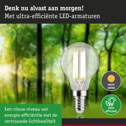 Energiezuinige LED-lamp met warm wit licht en hoge efficiëntie tegen groene bosachtergrond