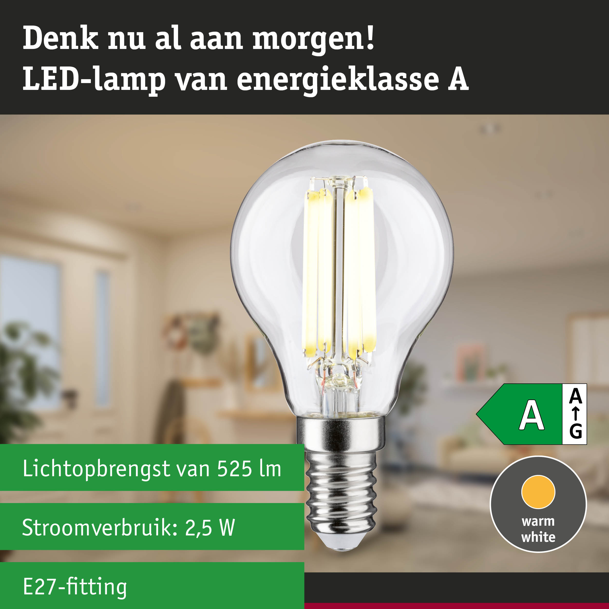 Energiezuinige LED-lamp met warm wit licht en hoge efficiëntie tegen groene bosachtergrond