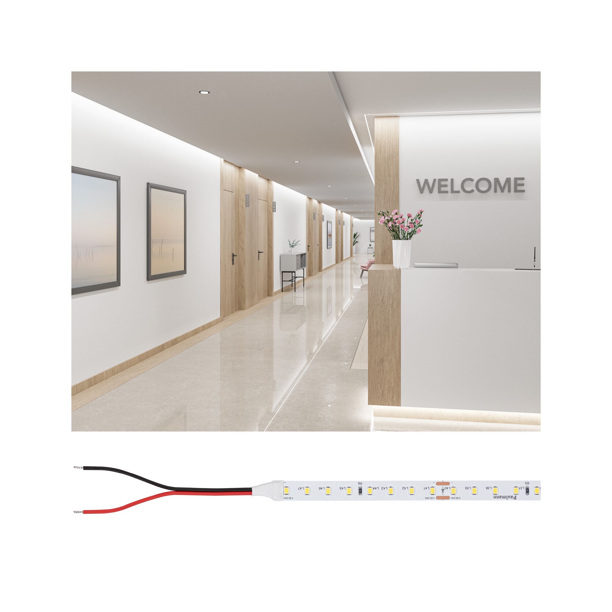 Bande LED avec LEDs blanches et câbles de connexion, idéale pour éclairage intérieur moderne et d'accent