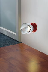 Round LED wall recessed light in brushed aluminum with protective cover and red mounting box