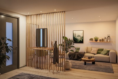 Modern living room with wooden slat partition, grey sofa, and warm white LED recessed ceiling lights