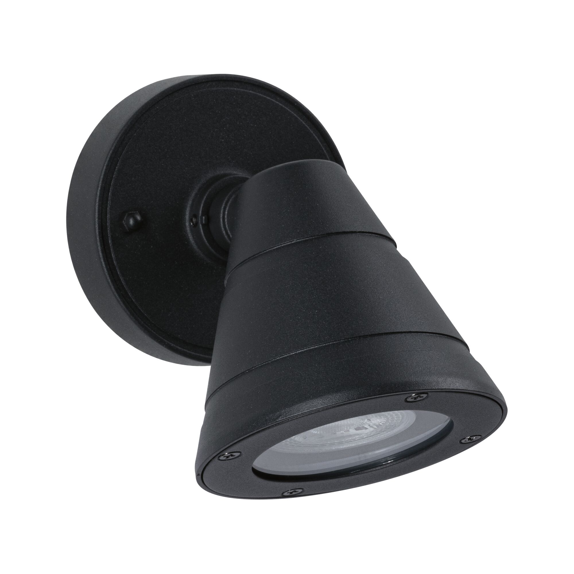 Black metal outdoor wall light with conical shape for focused garden lighting