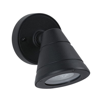 Black metal outdoor wall light with conical shape for focused garden lighting