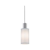 Modern pendant light with white fabric shade and chrome metal for stylish room lighting