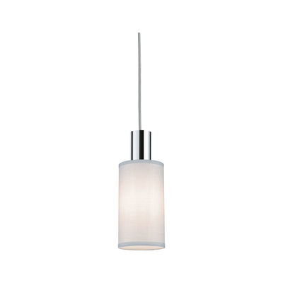 Modern pendant light with white fabric shade and chrome metal for stylish room lighting
